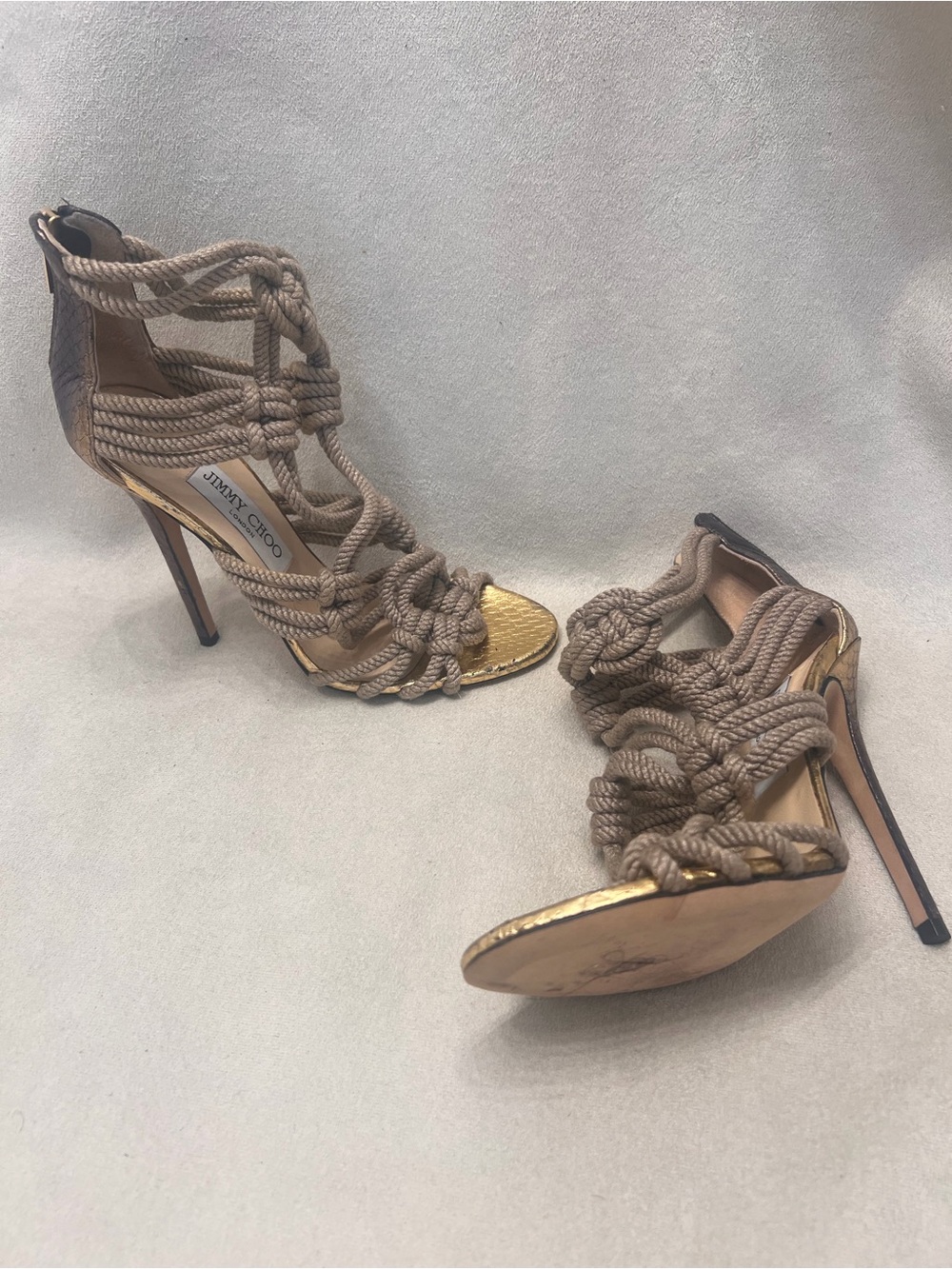 Jimmy Choo Taupe Rope-Knot Sandal Heels with Gold Footbed